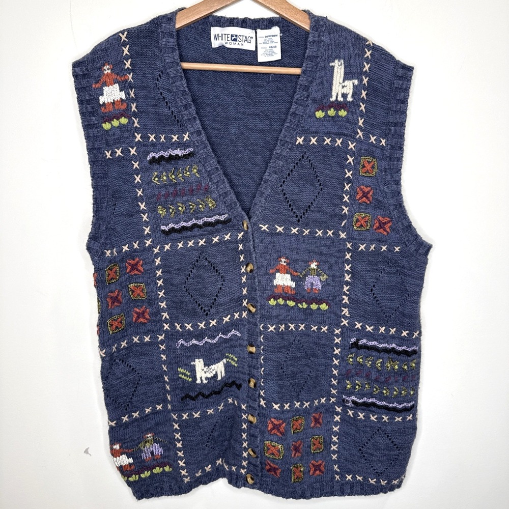 Vintage 90s Embroidered Knit Vest Womens 26W Blue Ramie Lama Art to Wear Cottage
